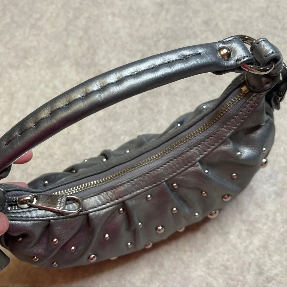 Badgley Mischka Gray Silver Studded Crescent Small Hobo Bag Purse